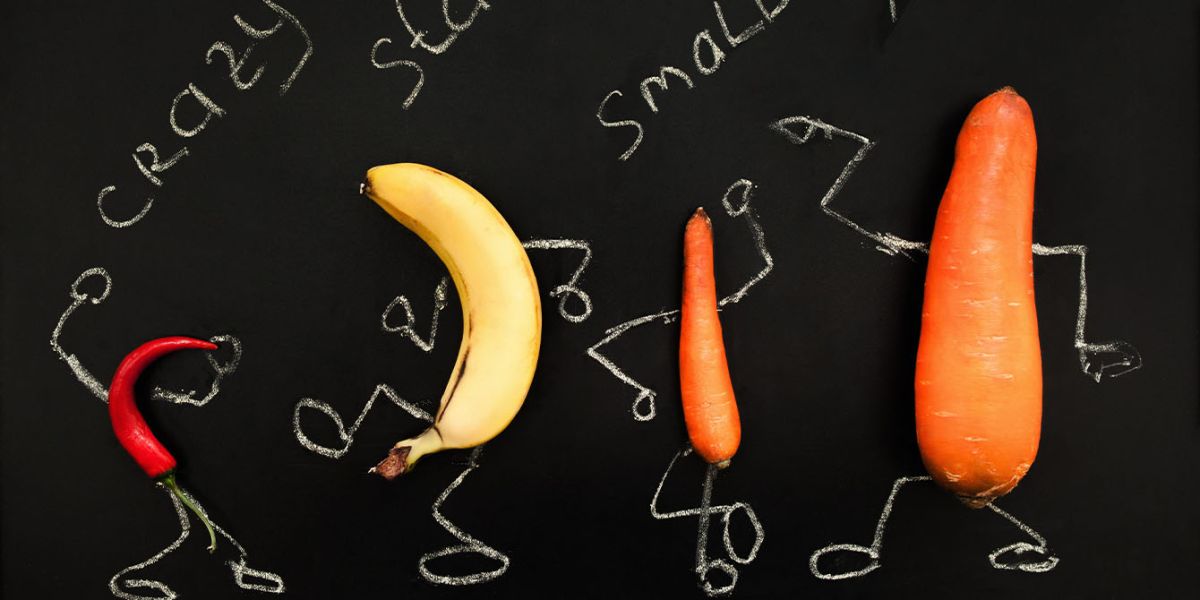 Image de divers fruits et légumes de type phallique, représentant la taille du pénis.
